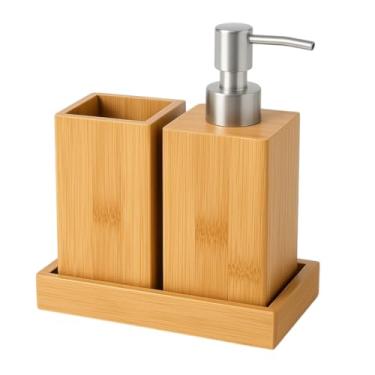 Imagem de Kit para Banheiro em Bambu, 3 Peças, Porta Sabonete Líquido 200ml, Porta Escovas, Bandeja, Luxo.