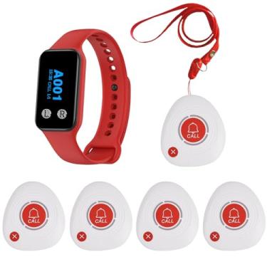 Imagem de WNKRUN Sistema de chamada de pager sem fio para cuidadores, sistema de alerta de enfermeira com 1 pager de relógio e 5 botões de chamada de 2 teclas