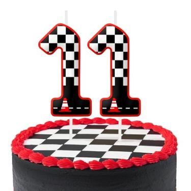 Imagem de Velas pretas e brancas de aniversário de 11 anos, decoração de bolo de aniversário para festas temáticas de carros de corrida, vela de aniversário quadriculada para meninos e meninas, suprimentos de