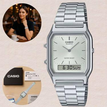 Imagem de Relógio Casio Anadigi Vintage Prata AQ-230A-7AMQYDF Hora Dual Digital Analógico Alarme Cronômetro Resistência à Água Pulseira Inox