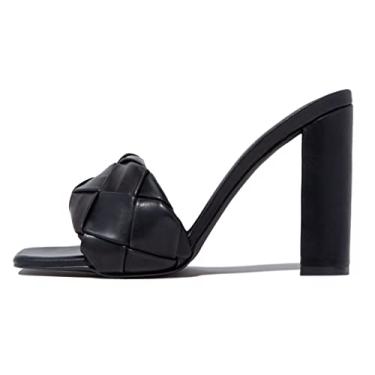 Imagem de Pair of Kings Sandália mule feminina quadrada de couro com bico aberto de salto alto acolchoada sem cadarço, Preto, 8.5