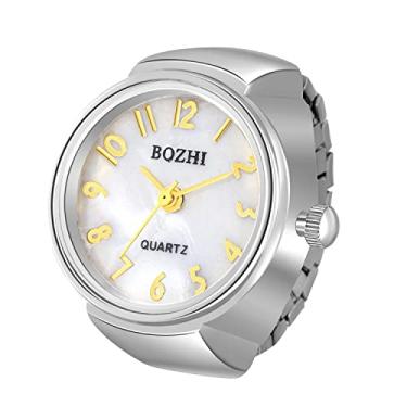 Imagem de JewelryWe Relógio de dedo masculino feminino pulseira elástica redonda simples mostrador de quartzo relógios com anel de quartzo, para o Natal, Prata árabe, Movimento de quartzo