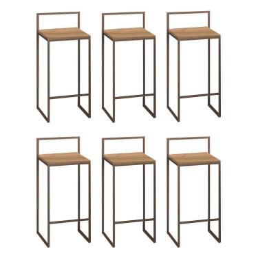 Imagem de Kit 06 Banquetas Alta Com Encosto Lyno Industrial Balcão Bistrô Ferro Marrom Imbuia - Amey Decor