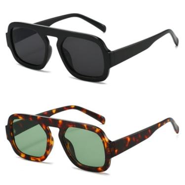 Imagem de IKUVNA Óculos de sol aviador quadrado retrô anos 70 para mulheres e homens, estilo moderno, armação plana, vintage, óculos de sol quadrados, Pacote com 2, preto + verde, G