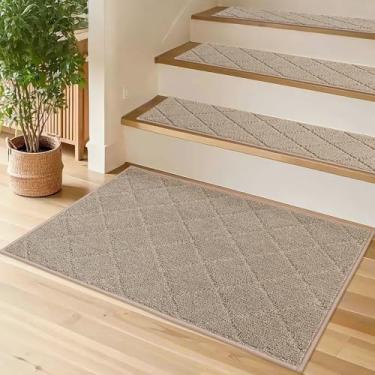 Imagem de COSY HOMEER Passos de escada antiderrapantes para escadas internas para degraus de madeira, tapetes de escada antiderrapantes para crianças e cães, 100% poliéster TPE, bege, 50 x 81 cm