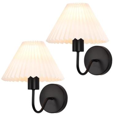 Imagem de KELUOLY Conjunto De 2 Arandelas Pretas, Abajur Tecido Plissado Branco, Iluminação Luminária Tipo Pescoço Ganso Para Ambientes Internos, Cômoda Banheiro Com Fiação, Acessório Decorativo Sala Estar, Q