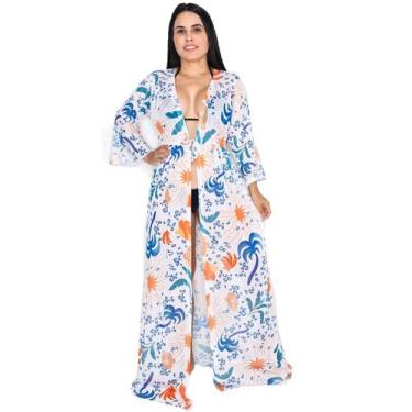 Imagem de Saída de praia longa com cinto ajustável mangas 3/4 - Tropicana Modas,