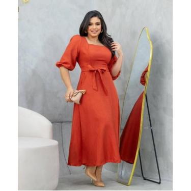 Imagem de Vestido Feminino Longo Manga 3/4 Bufante Duna Linho - Plena Persona