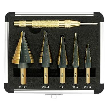 Imagem de GMTOOLS Conjunto de Brocas Escalonadas - Preto e Dourado, 6 Peças de Brocas Unibit de Aço de Alta Velocidade, Brocas Intensificadas e Punção Central Automática, Amantes de Bricolage com Caixa de Alumí