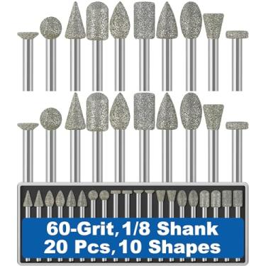 Imagem de 20 peças de broca de diamante de 60 grãos, haste de 1/20.3 cm, compatível com ferramentas rotativas Dremel, acessórios de fixação, rebarbas, para pedra, vidro, resina, porcelana, cerâmica, quartzo