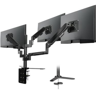 Imagem de Suporte de mesa para 3 monitores com braços articulados de movimento total, suporte de monitor triplo para telas de 17 a 32 polegadas, altura/inclinação/rotação ajustável, grampo/base de ilhós para