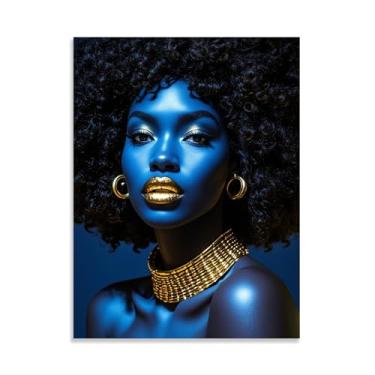 Imagem de Arte de parede em tela emoldurada preta africana azul preta decoração de parede feminina africana retrato meditação vertical pintado imagem 50 x 40 cm (20 x 16 pol) sem moldura