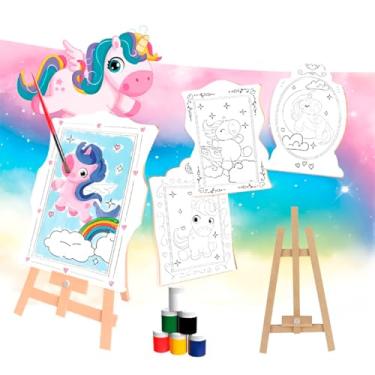 Imagem de Kit de Pintura Infantil com Cavalete 36x20cm, Avental, 6 Tintas, Tema Unicórnio, a partir de 3 Anos