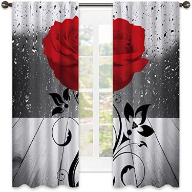 Imagem de Cortinas blecaute com bolso de haste rosa vermelha, gotas de água realistas 3D cinza em tábua de madeira antiga, tecido impermeável, para sala de estar ou quarto, L 132 x C 137 cm preto