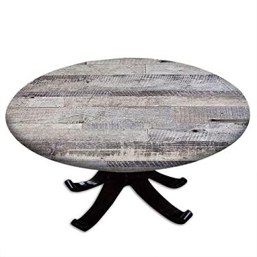Imagem de Toalha de mesa redonda de madeira, estampa de textura de prancha de madeira, borda elástica, impermeável e limpável, adequada para casamento/banquete/restaurante/festa, adequada para mesa de 111 cm