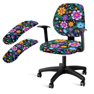 Imagem de Lotusorchid Conjunto de 4 capas de cadeira de escritório para computador e flores boho universais + capa de encosto com capa de apoio de braço, roxo
