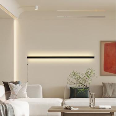 Imagem de GZZBMY Luz de parede LED interna com interruptor e plugue arandela regulável com controle remoto lâmpadas de parede de alumínio modernas minimalistas lineares sala de estar quarto corredor (preto, 100