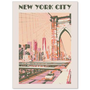 Imagem de Paisagem da cidade de Nova York, pôsteres rosa, retrô, paisagem, paisagem, paisagem, arte de parede, vintage, pintura em tela para sala de estar, quarto, decoração de parede 30,5 x 40,6 cm, sem