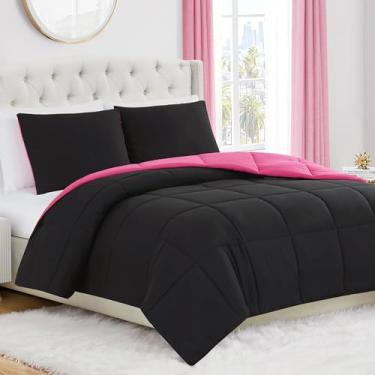Imagem de Juicy Couture Conjunto de edredom reversível de 2 peças, solteiro/solteiro GG – rosa choque/preto – conjunto de cama glamoroso