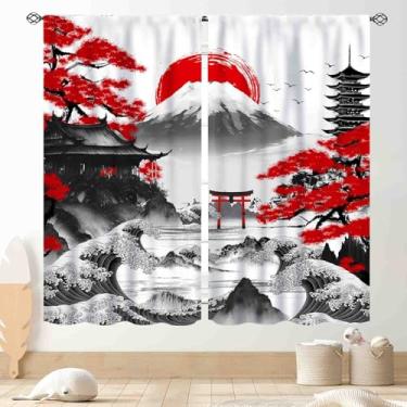 Imagem de Cortinas de flores de cerejeira, pintura de tinta tradicional japonesa vermelha floral flor de ameixa natureza asiática montanhas paisagem cortinas de janela para quarto sala de estar cozinha banheiro