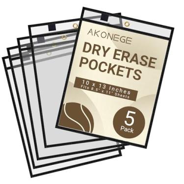 Imagem de AKONEGE Pacote com 5 capas de bolso grandes apagáveis a seco, reutilizáveis, 25 x 33 cm, porta-bilhetes, capas de plástico transparente, protetores de lençol para documentos, sala de aula e material