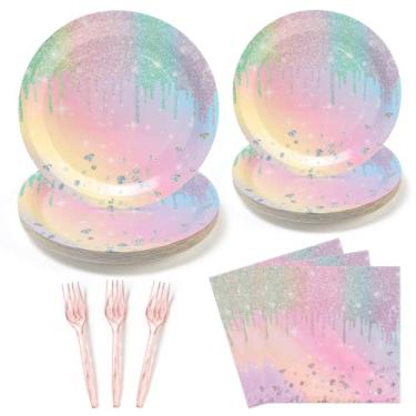 Imagem de UVTQSSP 96 peças de pratos de festa, pratos de papel e guardanapos com glitter, conjunto de utensílios de mesa descartáveis para decorações de aniversário de casamento, aniversário de casamento, serve