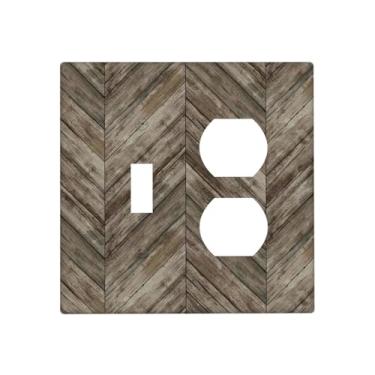 Imagem de Spshian Placa decorativa para interruptor de luz, marrom, rústico, espinha de peixe, 2 capas de tomada, 1 interruptor 1 placa de parede duplex, capas de placa de interruptor elétrico para decoração de