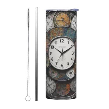 Imagem de Copo de arte de relógio com tampas e canudo, garrafa de água a vácuo de parede dupla de 590 ml caneca de café isolada de aço inoxidável copo térmico de viagem à prova de vazamento para bebidas quentes