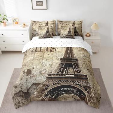 Imagem de Conjunto de edredom King da Torre Eiffel de Paris, estilo francês, vintage, retrô, para todas as estações, edredom acolchoado, lençóis, fronhas, fronhas
