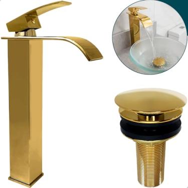 Imagem de Dona D Cor, Torneira Dourada E Valvula Click 7/8 Aço Inox Kit Pia Lavabo Gold Luxo Quadrada Bica Alta Cascata Monocomando E Ralo De Pia Banheiro Escoamento Cuba