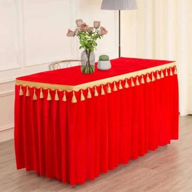 Imagem de Toalha de mesa de veludo dourado para conferências, exposições, pendurada, com franjas, para saia de mesa com borlas, retangular, vermelha, 180x60x75 cm