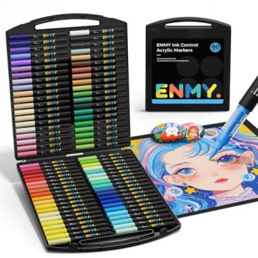 Imagem de ENMY Marcadores de tinta acrílica de 80 cores, canetas marcadoras de tinta acrílica líquida direta, marcadores de tecido para têxtil, tela, pedra, vidro, madeira, papel, faça você mesmo, canetas de