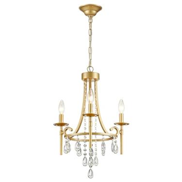 Imagem de ANJIADENGSHI Mini lustre de cristal, roda de vagão de 3 luzes, candelabro moderno dourado, luminária pendente de cristal para quarto, corredor, bar, cozinha, jantar, sala de estar, banheiro