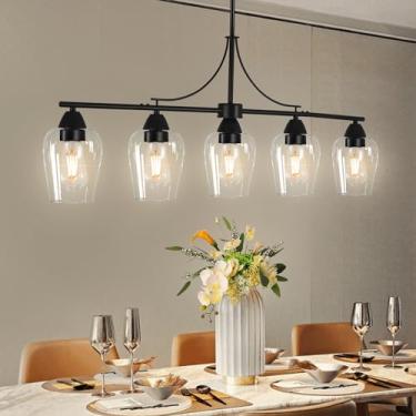 Imagem de Auffel Lustres lineares para sala de jantar Luzes de ilha de 92 cm para cozinha luminária preta de sala de jantar com sombra de vidro transparente ajustável em altura luzes pendentes modernas ilha de
