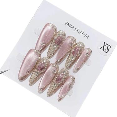 Imagem de EMIR ROFFER Conjunto de unhas postiças de olho de gato rosa com glitter fino dourado metálico feito à mão com strass para mulheres, festa de casamento, conjunto de manicure (grande, estilete)