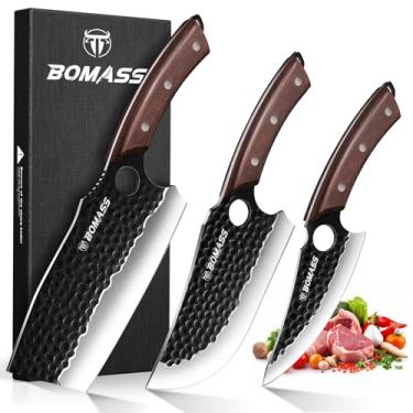 Imagem de Conjunto de 3 facas de açougueiro cutelo de carne, conjunto de facas de cozinha Santoku forjadas à mão, facas de desossar de aço de alto carbono para corte de carne com saco de rolo e acessórios