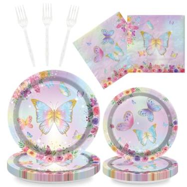 Imagem de BKAILZYX 96 peças decorações de festa de borboleta flores fadas aniversário talheres flores pratos de papel pratos de borboleta guardanapos louça para chá de bebê suprimentos de festa, serve 24
