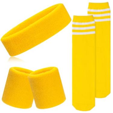 Imagem de ONUPGO Conjunto de 5 peças de meias de faixa de suor para crianças – faixa de cabeça esportiva, pulseiras, meias altas listradas para crianças, jovens, crianças pequenas e bebês – futebol, basquete