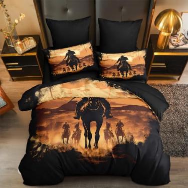 Imagem de CCoutueChen Conjunto de edredom Queen com estampa de caubói preto, vintage, para meninos e meninas, com estampa de animal, macio, respirável, 3 peças (1 edredom, 2 fronhas)