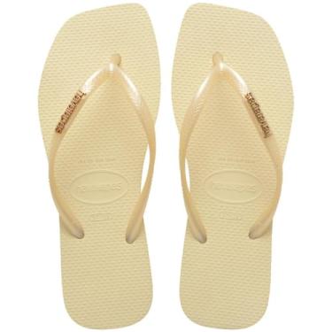 Imagem de Chinelo Havaianas Slim Square Logo Metallic Feminino - Cor Creme (BR, Adulto, Faixa Numérico, 35, 36)