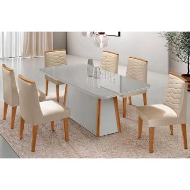 Imagem de Conjunto Sala de Jantar Tilia c/ Tampo Madeirado c/ Vidro Canto Curvo 180x90cm e 6 Cadeiras Maldivas Madeira Maciça Naturale/Off White - Capuccino/Sue