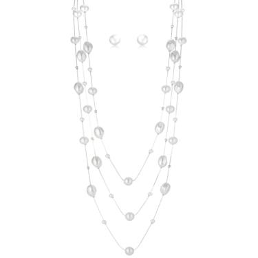 Imagem de Conjunto de colar e brinco de pérolas longas em camadas com contas de pérolas para mulheres, conjuntos de bijuterias brancas presentes para mãe, Pérola sintética, Sem Pedra Preciosa