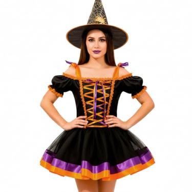 Imagem de Fantasia Adulta Feminina de Bruxa Vestido de Halloween Com Corselet Ajustável e Saia Volumosa Afina a Cintura (Preto, P 36-38)