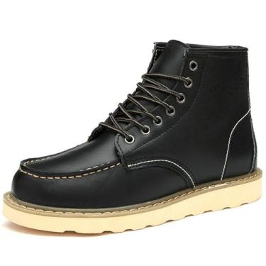 Imagem de ZPPORDMR Botas de trabalho masculinas de couro estilo britânico, antiderrapante, com absorção de choque, couro de flor integral, cano alto, construção industrial, telhados, eletricistas, Preto, 40