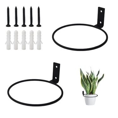 Imagem de Runseaway 2 peças, anel de suporte de vaso de flores de 15 cm, gancho de metal preto montado na parede, suporte de plantas resistente para cerca, varanda, casa, jardim, quintal