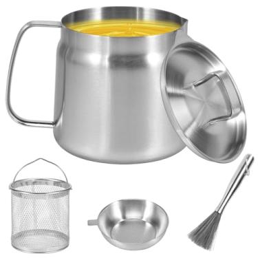 Imagem de DJAPWPX Pote de filtro de óleo de grande capacidade de 1,5 L/2L, lata de armazenamento de óleo com filtro de malha fina, cesta de fritura de aço inoxidável 304, recipiente de filtro de óleo para