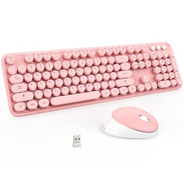 Imagem de Kootop Combo de teclado e mouse sem fio, lindo teclado colorido de 104 teclas de máquina de escrever retrô para PC, laptop, desktop, Windows, teclado de casa e escritório (rosa branco)