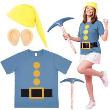 Imagem de Chicingyou Conjunto de fantasia de anão de Halloween, camiseta de anão, chapéu de gnomo, orelhas falsas, picareta para festa, cosplay, acessórios de fantasia de gnomo, Amarelo, azul., X-Large