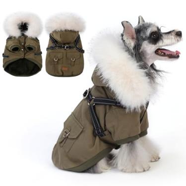 Imagem de PINA Casaco para cães pequenos, médios e grandes, jaqueta de inverno impermeável para cães com arnês embutido, casaco de inverno para cães com capuz de pelúcia, casaco de lã quente à prova de vento