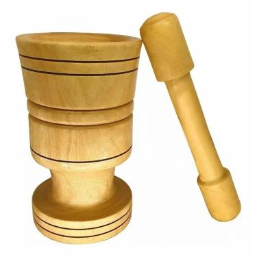 Imagem de Pilão De Madeira Rústico Grande Resistente Com Socador 40cm Marrom-claro